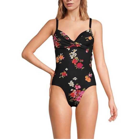 Land's End Sculpting Swim Suit One Piece Wave Technology Black Meadow Floral Var - Picture 2 of 7